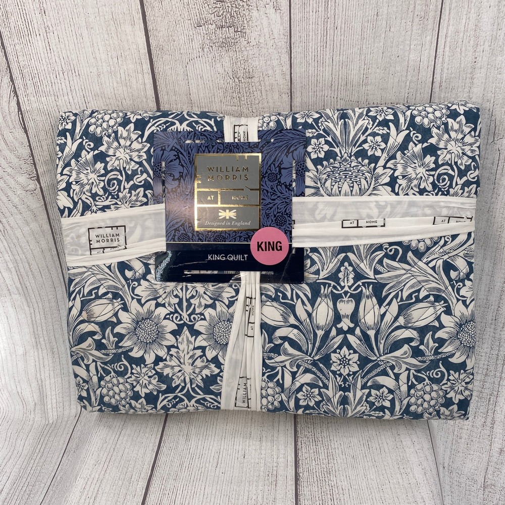 William Morris At Home Quilt King Navy Blue Sunflower Floral Cotton Bedspread